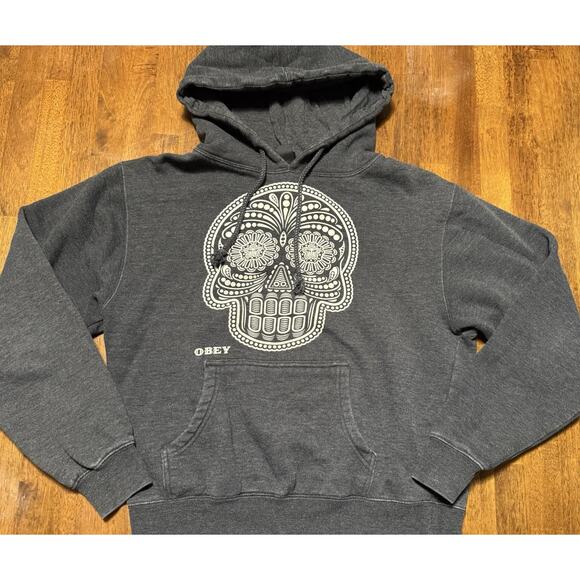 OBEY Dark Heather Charcoal Grey Hippie Sugar Boho Skull Hoodie Size L Large - Picture 1 of 3